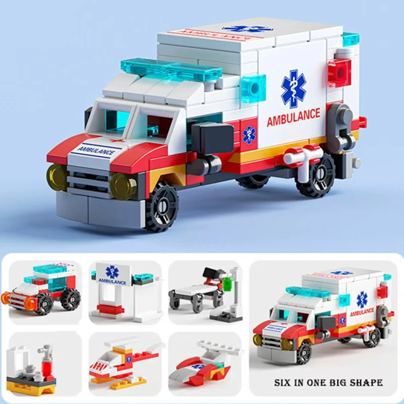 6in1 Ambulance Escort Car Helicopter Paramedic Doctor Mini Loader Truck Classic Model Building Blocks Sets Bricks Kids Toy City