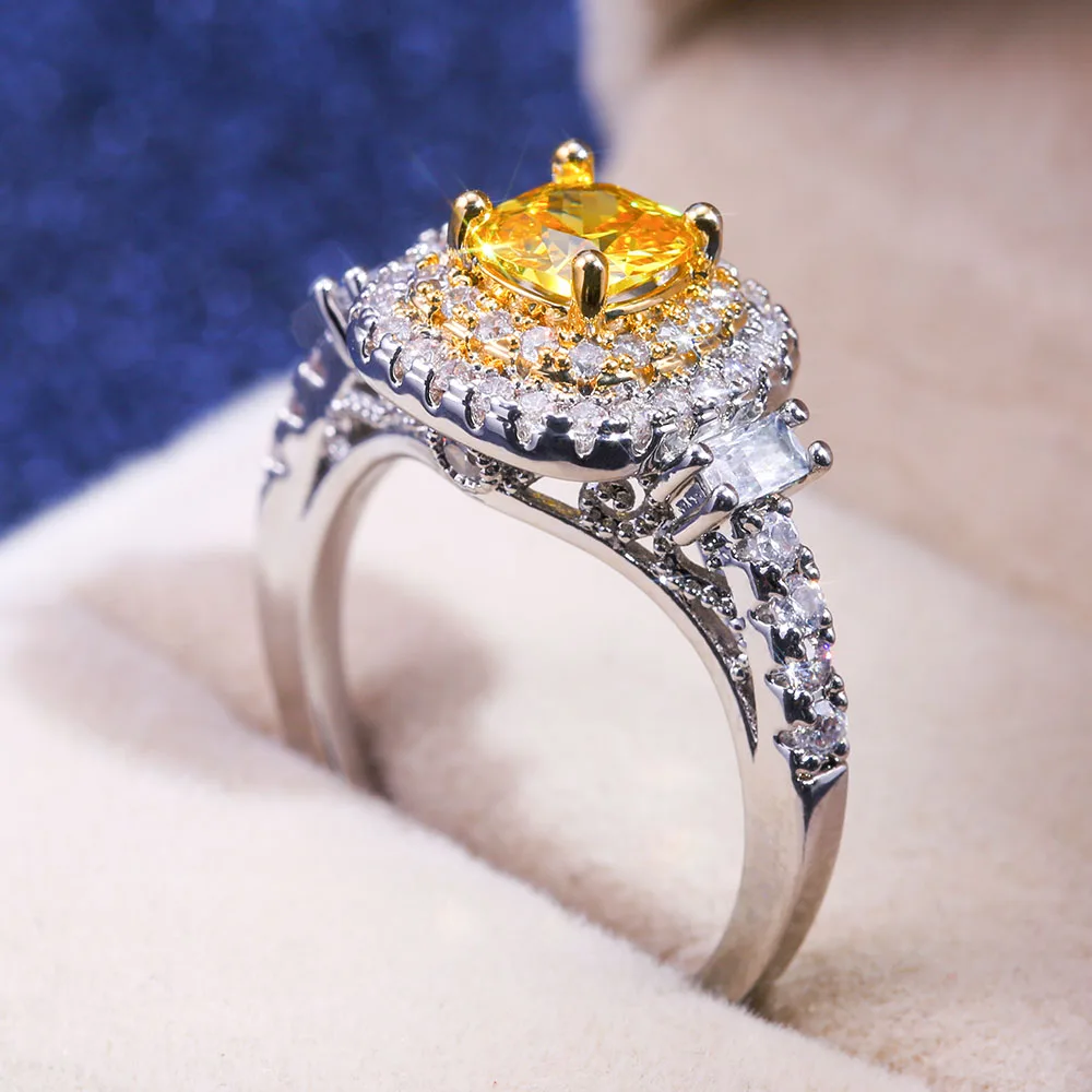 Huitan Dazzling Yellow Zircon Stone Wedding Party Ring With Micro Paved Silver Plated Proposal Engagement Ring Jewelry Gadget