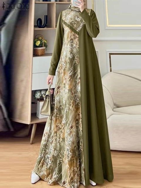 ZANZEA Autumn Turkey Abaya Hijab Muslim Dress Women Bohemian Long Sleeve Patchwork Dress Vintage Floral Print Maxi Vestido